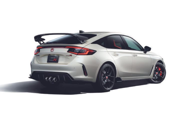Rear side view of a white 2023 Honda Civic Type R;.